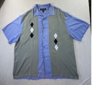 Nat Nast Men Tan Blue 2XL 100% Silk Bowling 50s Short Sleeve Button Front Shirt